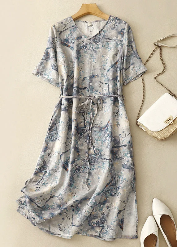 Chic Blue V Neck Print Tie Waist Cotton Dresses Summer GG002 Cottagecore floral dresses