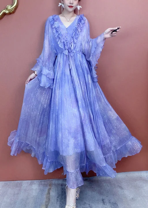 Classy Purple V Neck Ruffled Print Silk Dress Butterfly Sleeve XX090 Long floral dresses