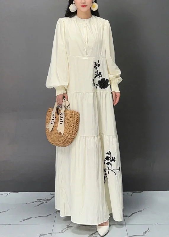 Elegant Beige Button Print Pockets Cotton Dresses Fall AJ1020 Lightweight floral dresses for hot weather