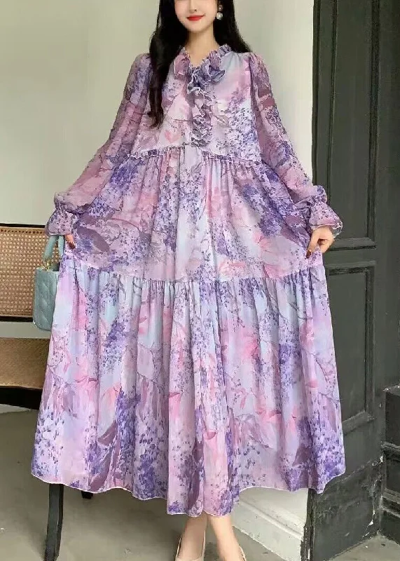 Fantasy Purple Print Patchwork Ruffled Long Sleeve Dress AZ1005 Best floral dresses for outdoor weddings