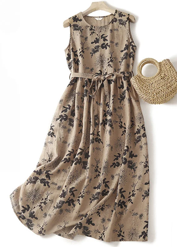 French Khaki O Neck Print Tie Waist Cotton Long Dresses Sleeveless GG005 Preppy floral dresses