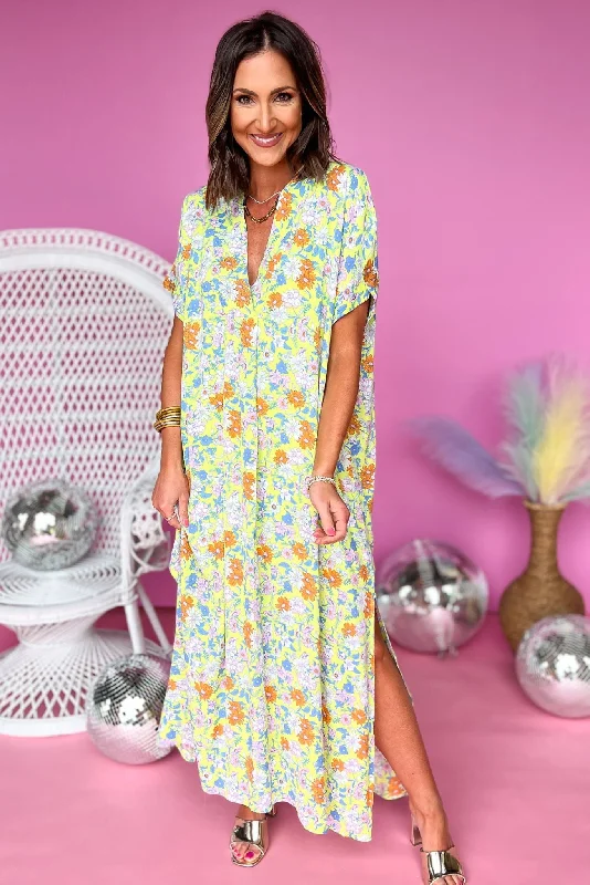 Karlie Lime Floral V Neck Kaftan Slit Dress Sexy floral print dresses