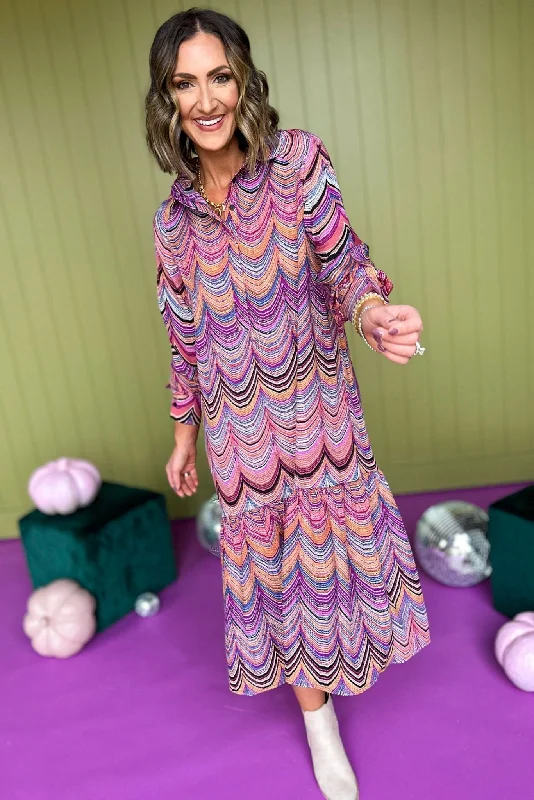 Molly Bracken Purple Chevron Printed Collared Long Sleeve Tiered Dress Floral dresses under $50