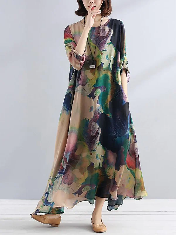 Plus Size Charming Women Casual Loose Floral Long Sleeve Dress LL025 Knitted floral dresses