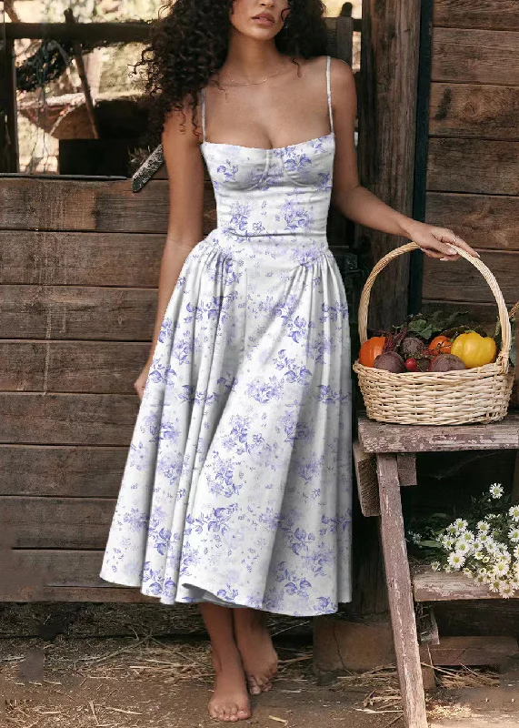 Sexy Blue Print Bustier Top Cotton Spaghetti Strap Dress Sleeveless WW1044 Floral dresses under $100