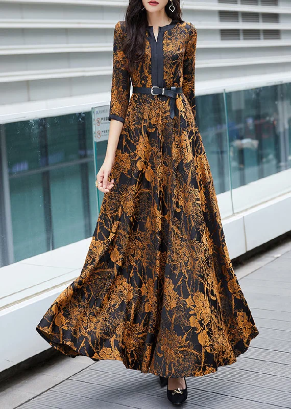 Sexy Orange Print Sashes Long Traveling Dress Spring LY1705 Hot new arrivals in floral dresses