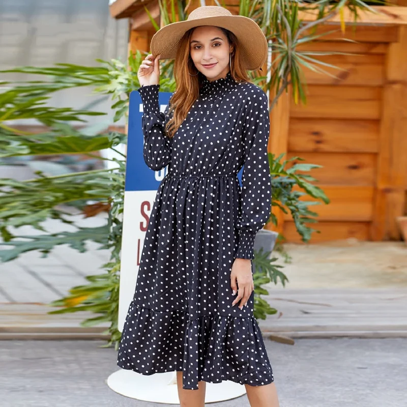 Women Spring Chiffon Dress With Polka Dot Print Outdoor floral dresses