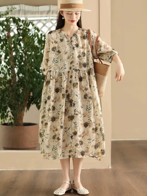 Women Summer Artsy Floral V-Neck Loose Ramie Dress LL020 Organza floral dresses