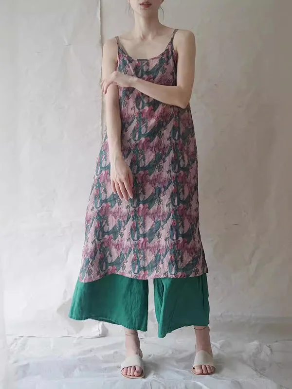 Women Summer Artsy Print Thin Ramie Vest Dress HH050 Y2K floral dresses