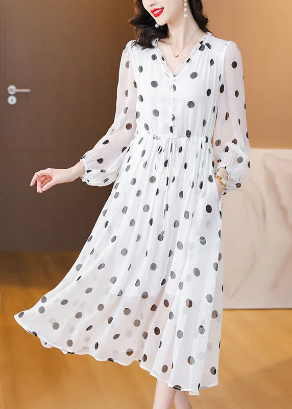 Women White V Neck Print Drawstring Chiffon Dress Lantern Sleeve BB003 Must-have floral dresses for this season