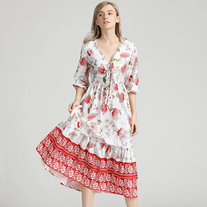 Women's Summer V-Neck Floral Long Dress Women's trendy floral dresses sale