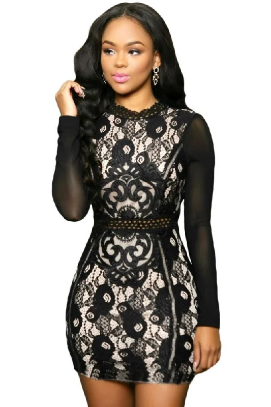 Lace Mini Dress With Mesh Sleeves Mini Skirt Party