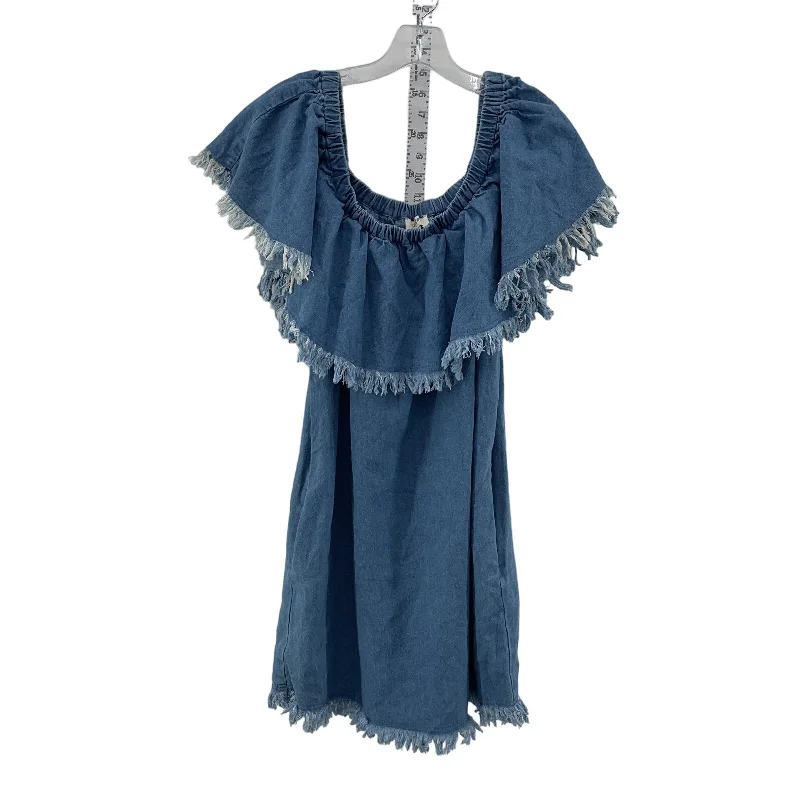 Umgee Women's Blue Denim Fringed Ruffle Off Shoulder Trapeze Mini Dress Size S Bold Mini Skirt