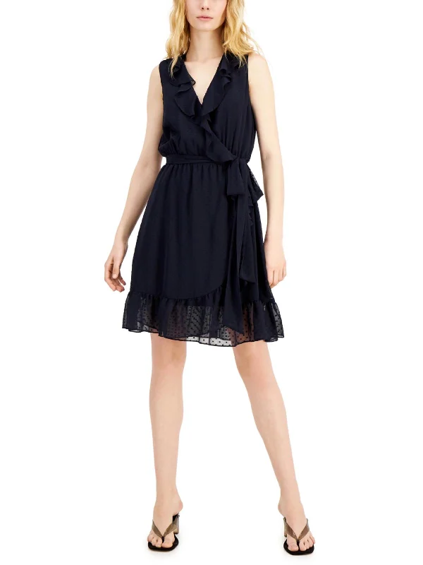 Womens Dotted Swiss Ruffled Mini Dress Mini Skirt with Bow