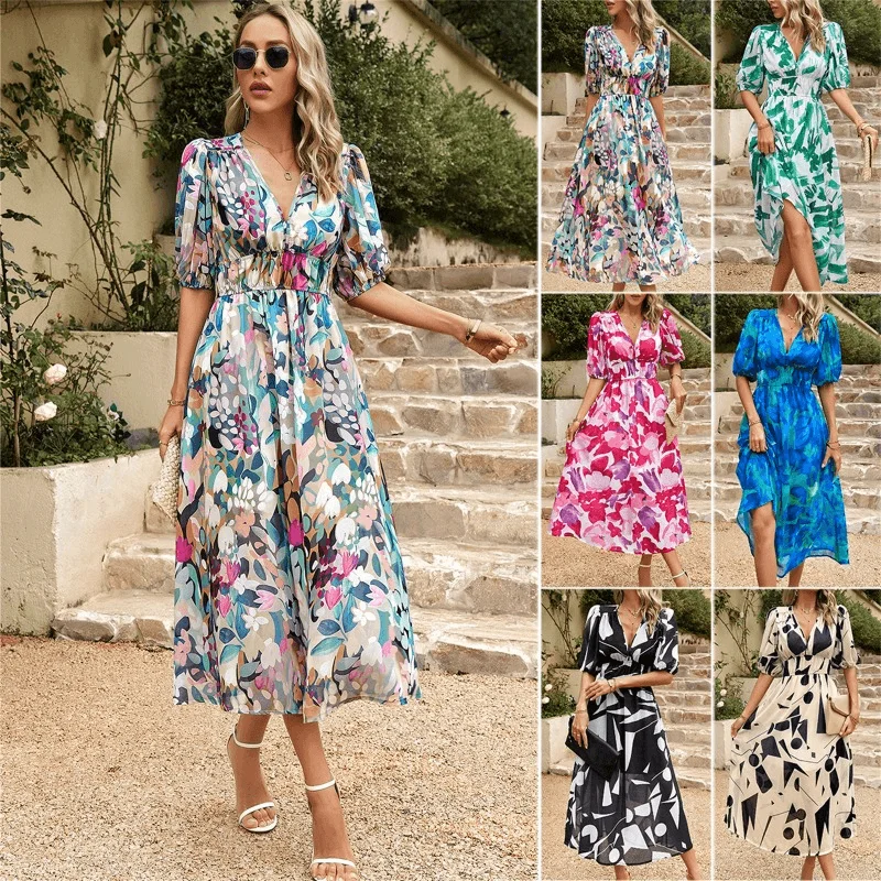 2023 Summer Harvest Waist Cinching V Neck Printed Maxi Dress Comfortable Maxi Look