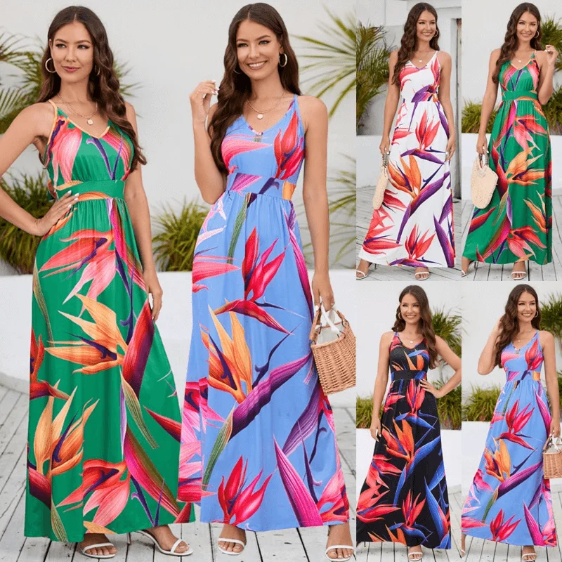 Bohemian Print Halter Beach Vacation Maxi Dress Sexy Long Skirt