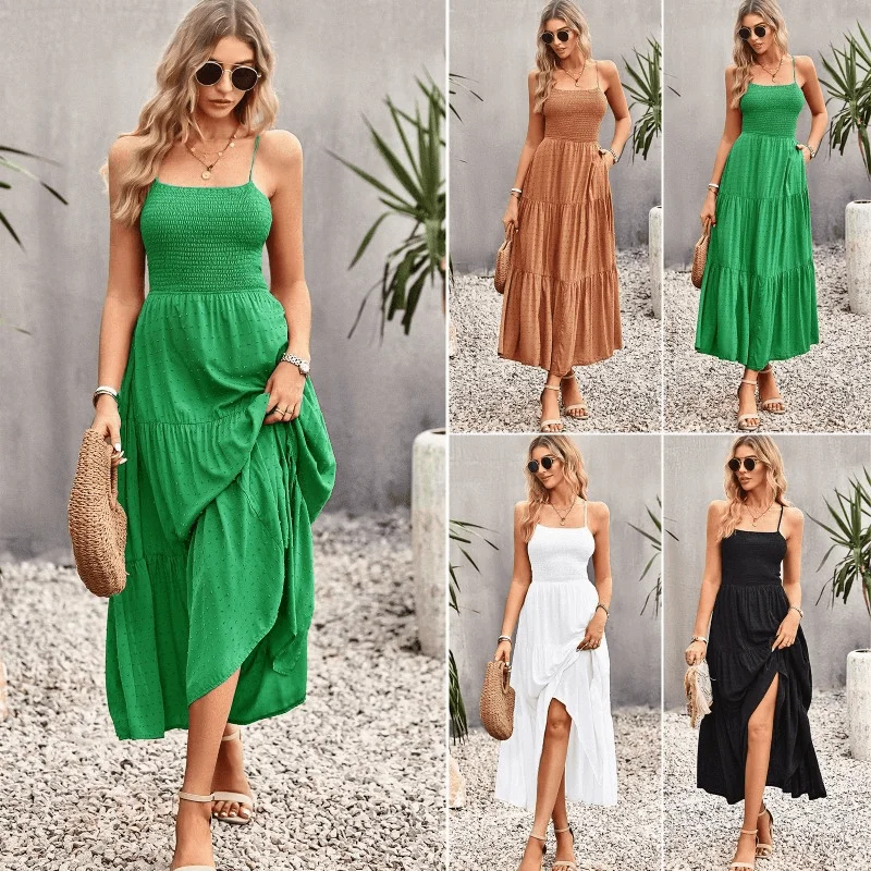 Elegant Strap Dress for Women Pure Color Long Dress Front Slit Skirt