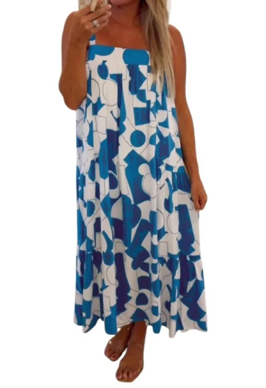 Geo Print Maxi Dress In Blue Front Slit Maxi