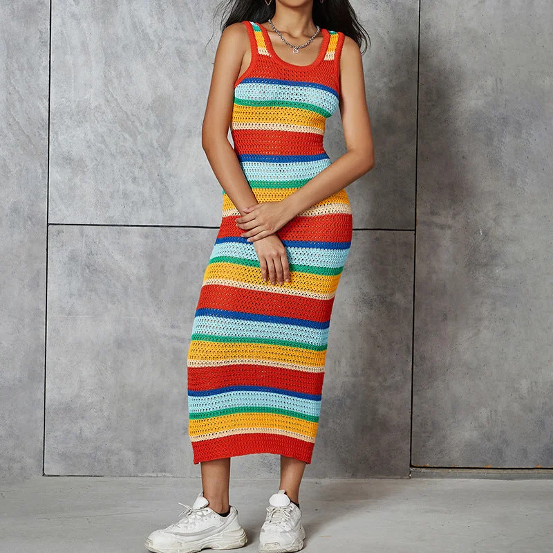 Knitted Color Block Slim Fit Sleeveless Maxi Dress Maxi Skirt Party