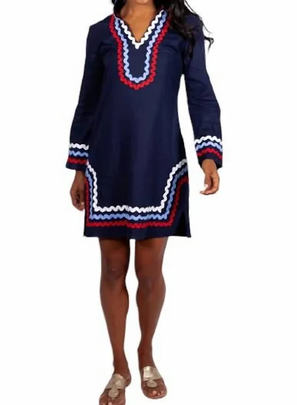 Long Sleeve Classic Tunic Dress In Red/white/blue Wrap Maxi Skirt