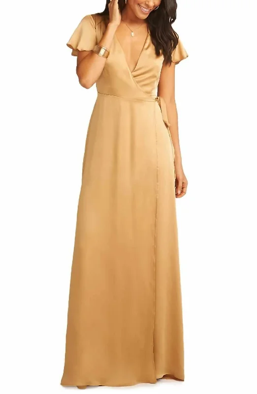 Noelle Satin Wrap Maxi Long Dress In Gold Stylish Maxi Skirt