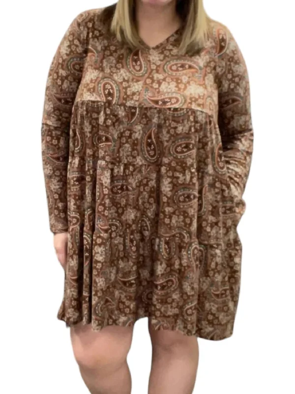 Paisley Long Sleeve Dress In Mocha Printed Maxi Skirt