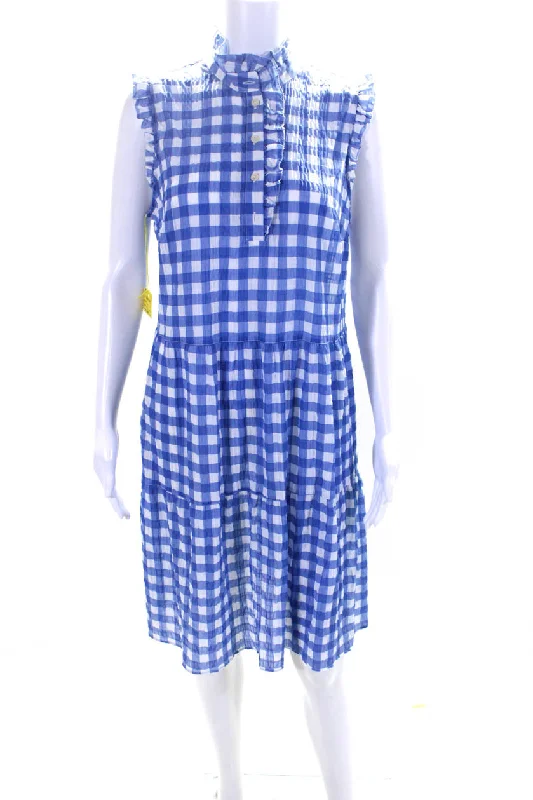 0039 Italy Womens Blue Gingham Ruffle Crew Neck Sleeveless Pompae Dress Engagement unclassified dresses