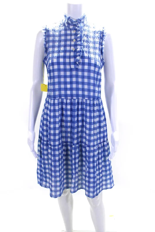 0039 Italy Womens Blue Gingham Ruffle Crew Neck Sleeveless Pompea Dress Festival unclassified dresses