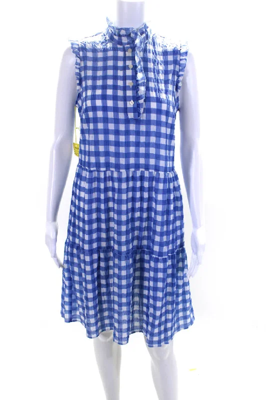 0039 Italy Womens Blue Gingham Ruffle V-Neck Sleeveless Pompae Dress Luxury unclassified dresses