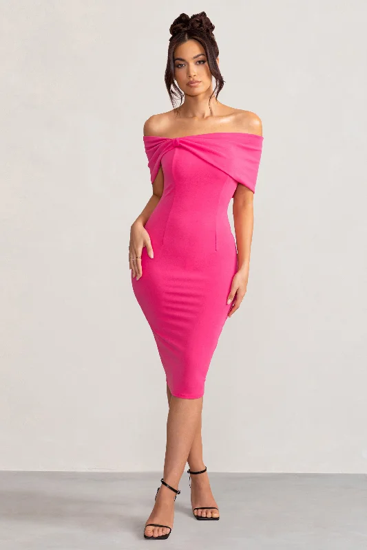 Alyssa | Hot Pink Bardot Bow Detail Midi Dress Soft Denim Midi