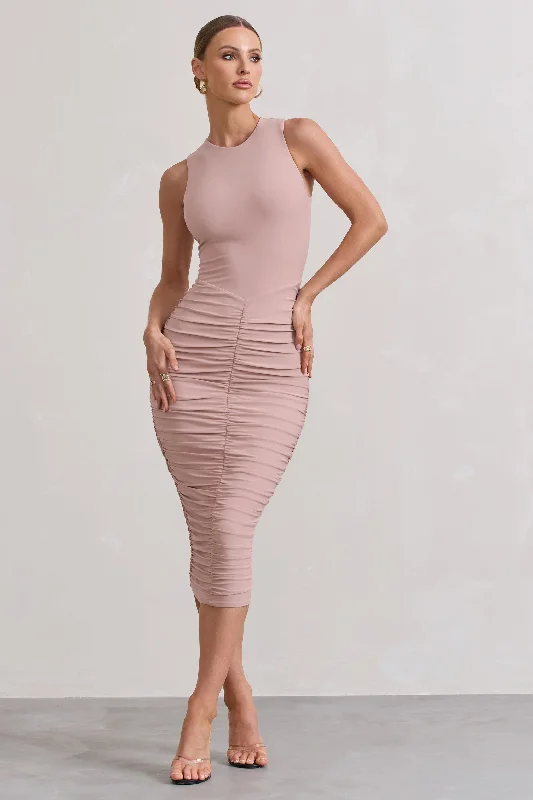 Antonia | Champagne Sleeveless Ruched Bodycon Midi Dress Slim Midi Skirt