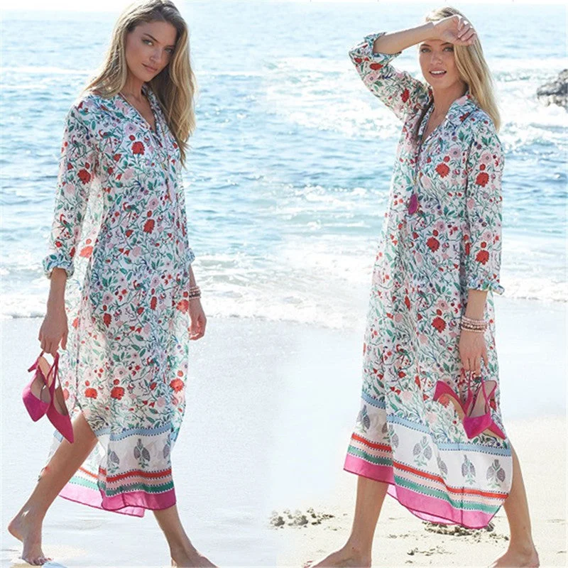 Chiffon Print Robe Style Beach Dress Large Holiday Dress Bikini Blouse Color block unclassified dresses