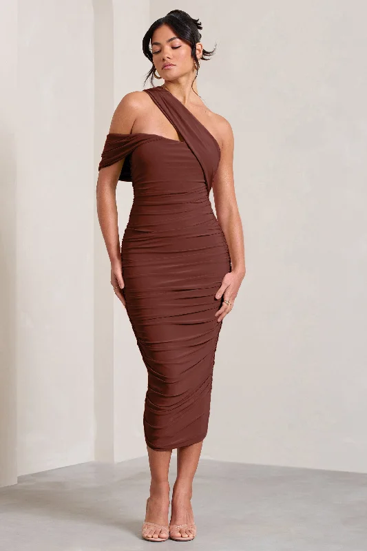 Cici | Brown Asymmetric One Shoulder Ruched Midi Dress Midi Skirt Set