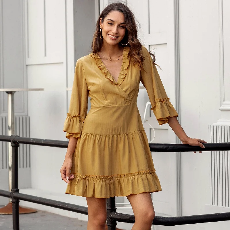 Deep V Neck Bubble 3/4 Sleeve Yellow Dress Holiday unclassified dresses