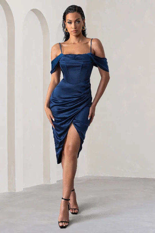 Deserving | Navy Satin Bardot Sleeve Corset Wrap Midi Dress Button-down Midi Skirt