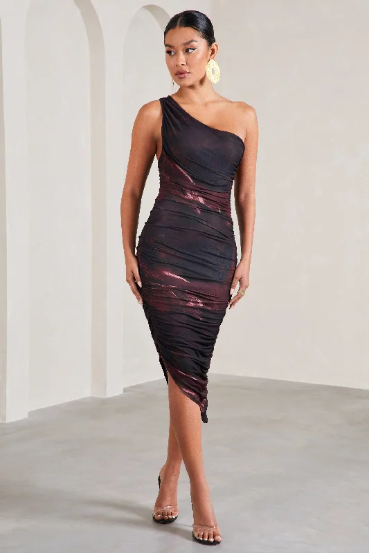 Dorit | Plum Print One Shoulder Asymmetric Ruched Midi Dress Classic A-line Skirt