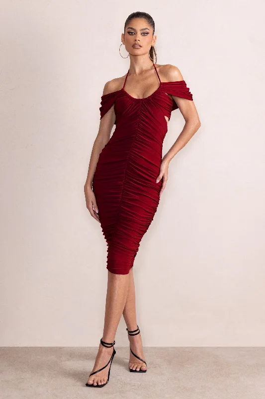 Dulcie | Burgundy Halter Neck Cut Out Ruched Midi Dress Midi Skirt Trend