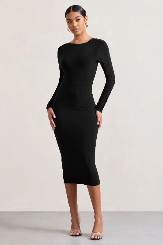 Dynasty Darling | Black Cowl-Back Long-Sleeved Bodycon Midi Dress Bohemian Midi Skirt