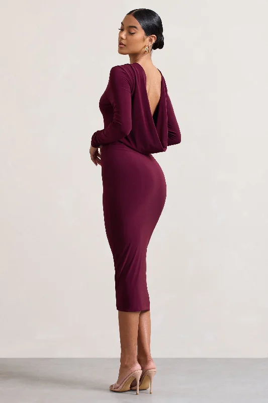 Dynasty Darling | Burgundy Cowl-Back Long-Sleeved Bodycon Midi Dress Elegant A-line Skirt