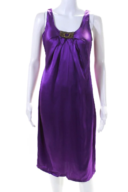 Emilio Pucci Womens Silk Scoop Neck Beaded Pleated Shift Dress Purple Long unclassified dresses