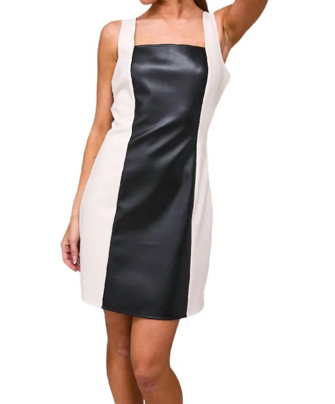 Faux Leather Colorblock Dress In Black/white Tulle unclassified dresses