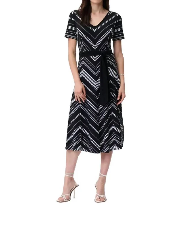 Fit And Flare Striped Midi Dress In Black/vanilla Vintage Printed Skirt