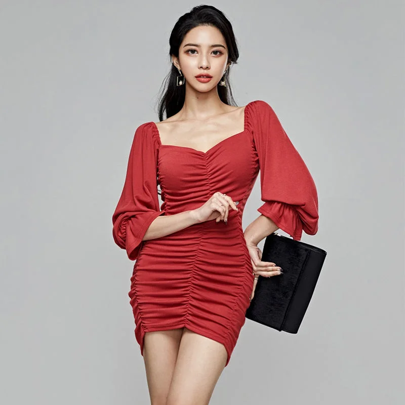 Flared Sleeve Smocked Slim Dress Winter unclassified dresses