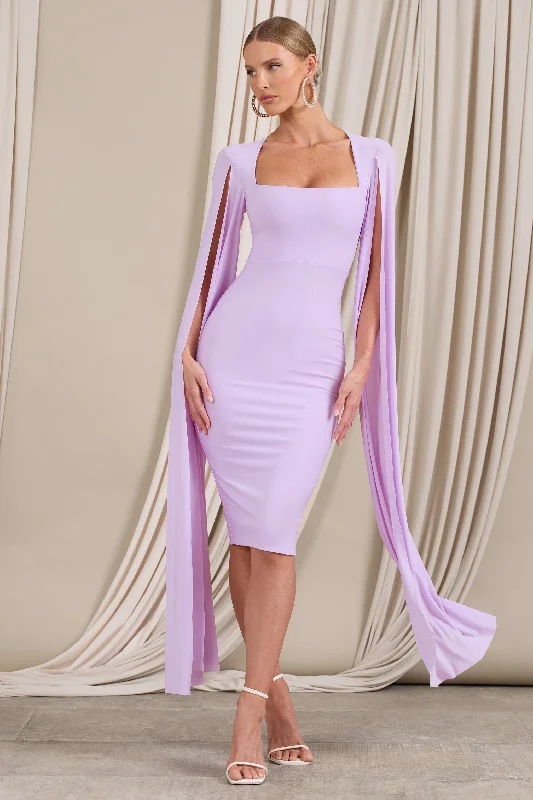 Flawless | Lilac Square Neck Midi Dress With Cape Sleeves Button-front Midi Skirt