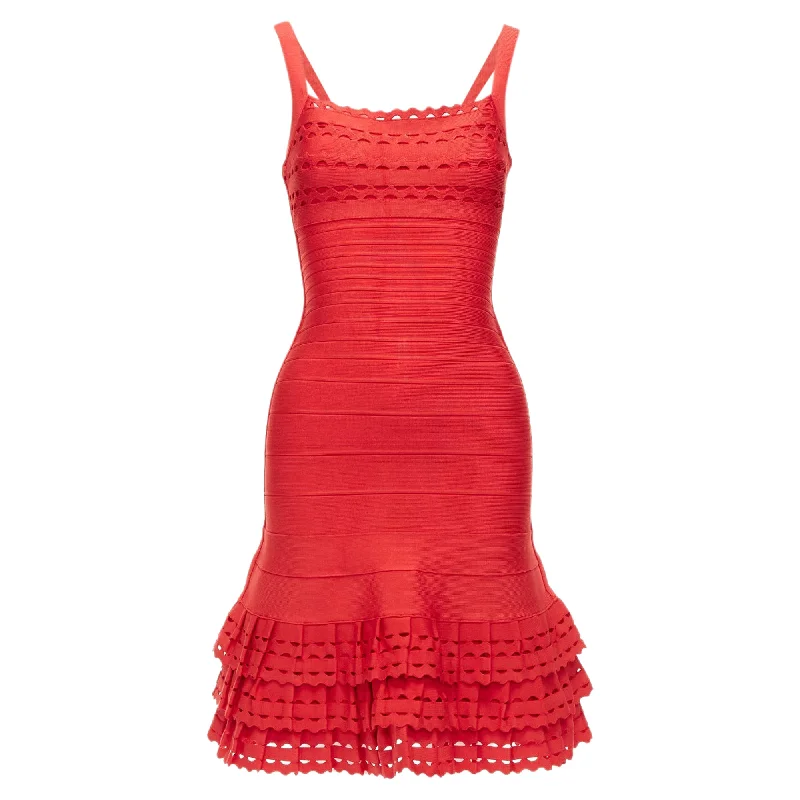 Herve Leger Cut Out Tiered Ruffle Hem Bandage Fit Flared Dress Silk unclassified dresses