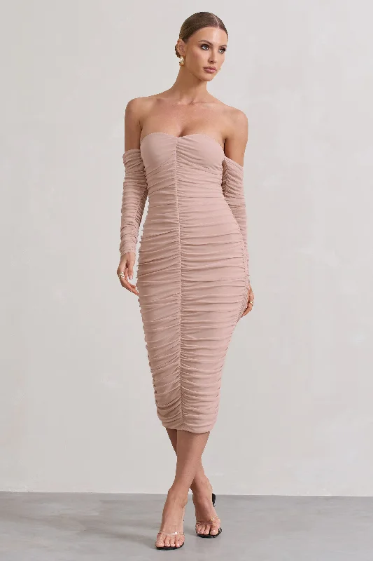 Indy | Champagne Ruched Strapless Long-Sleeve Midi Dress Plain Midi Skirt