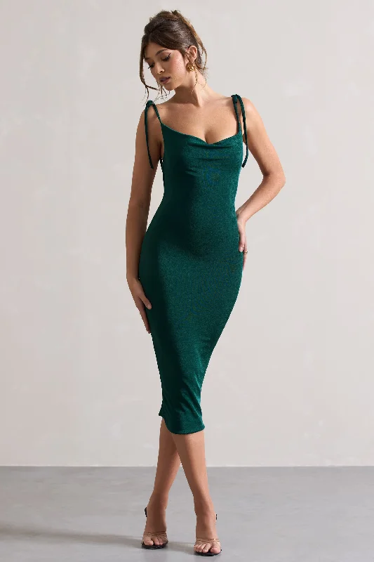 Irina | Bottle Green Cowl-Neck Bodycon Midi Dress Lace Midi Skirt