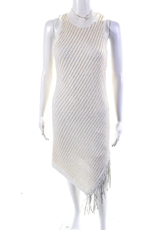 Jonathan Simkhai Womens Open Knit Sleeveless Fringe Shift Dress White Vacation unclassified dresses