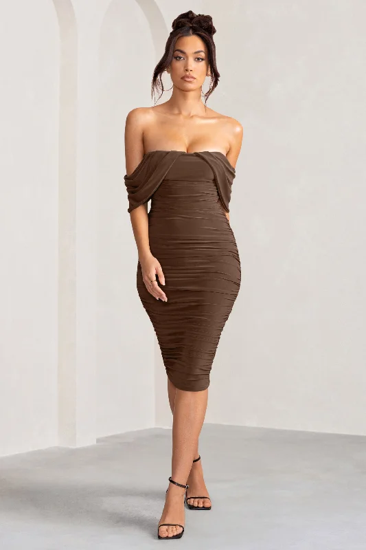 Love Me | Chocolate Off The Shoulders Ruched Midi Dress Ruffled Floral Skirt