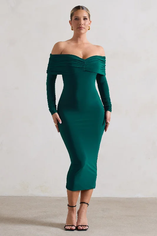 Marcella | Bottle Green Bodycon Bardot Midi Dress Midi Skirt Dress